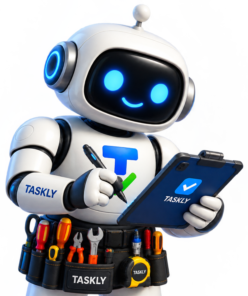 Taskly AI assistant robot mascot holding a tablet and stylus