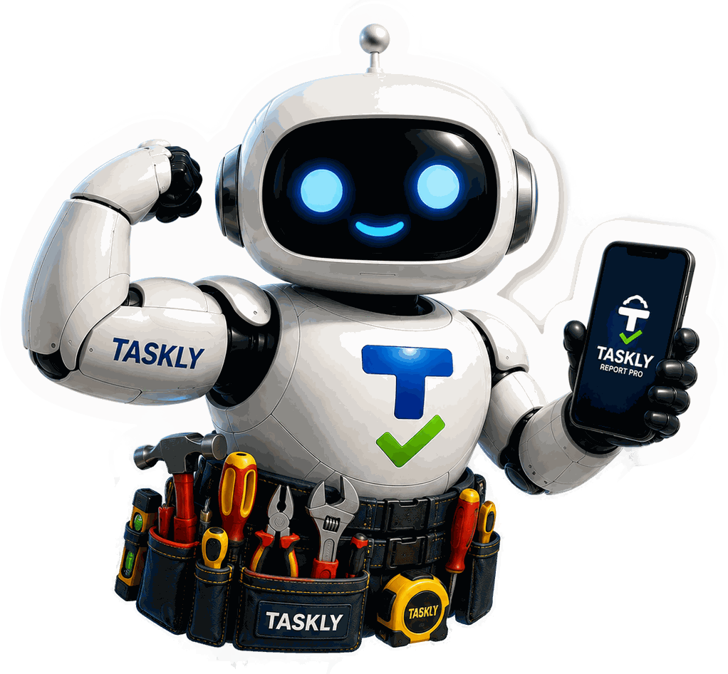 Taskly Report PRO AI assistant robot mascot with a professional tool belt, holding a phone showing the app